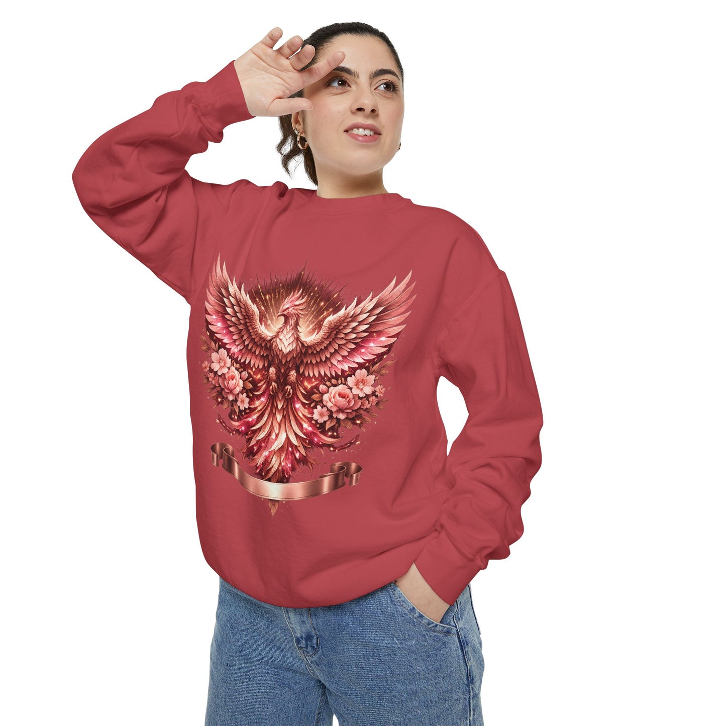 Phoenix Floral Sweatshirt — Rose Gold Rising Bird Graphic Crewneck