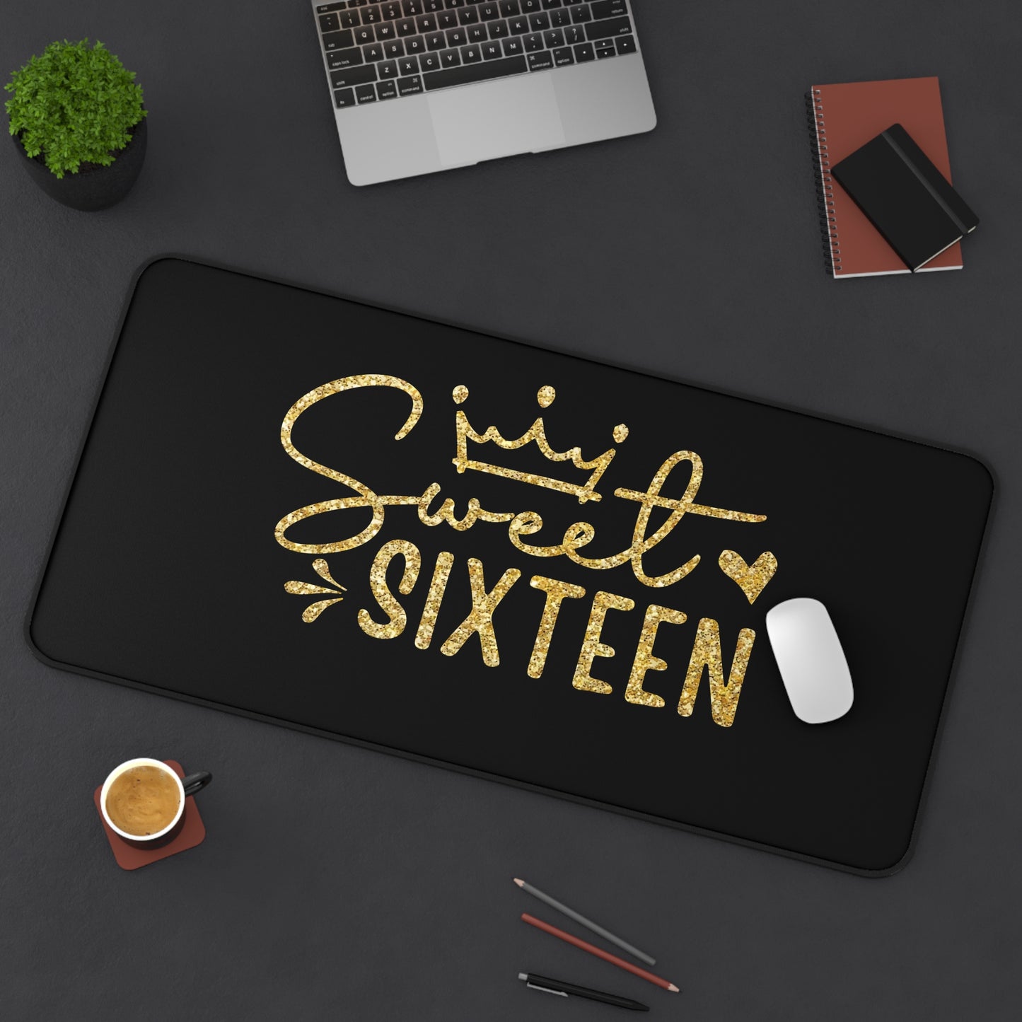 Sweet Sixteen Desk Mat | Gold Glitter Script on Black