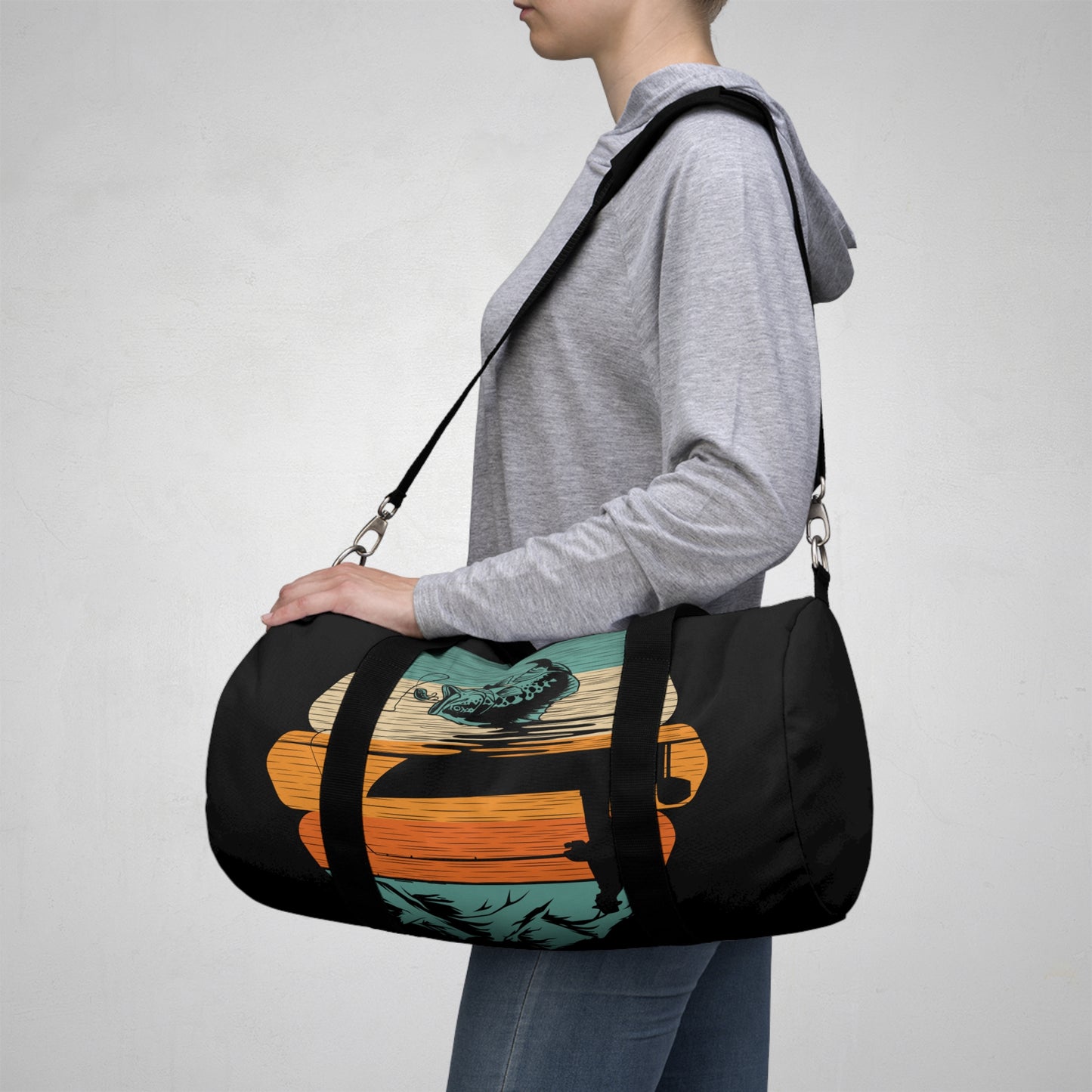 Retro Fishing Scene Duffel Bag | Vintage Boat Bass Graphic