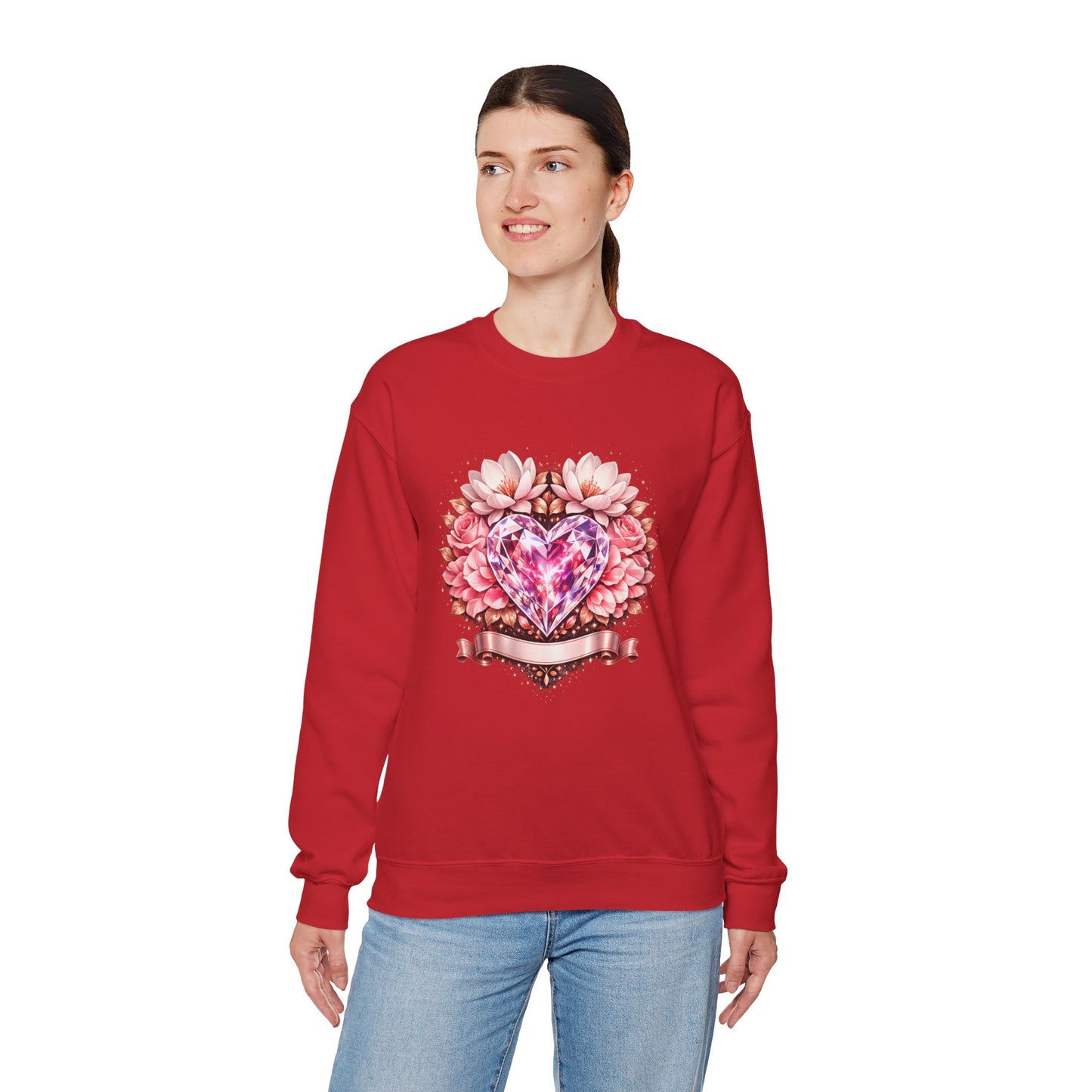 Crewneck Sweatshirt — Pink Gem Heart Floral Design