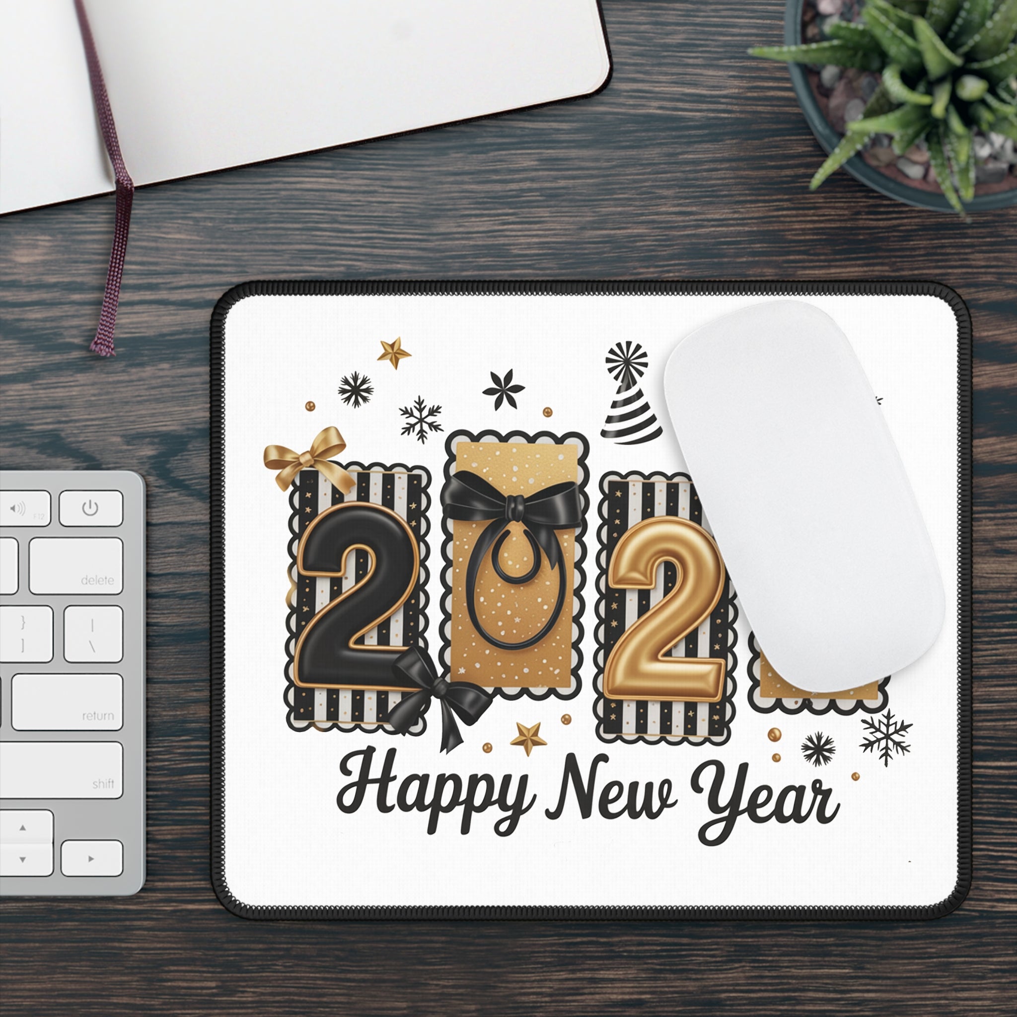 2026 Happy New Year Gaming Mouse Pad Gold Black Celebratory Design 2048 