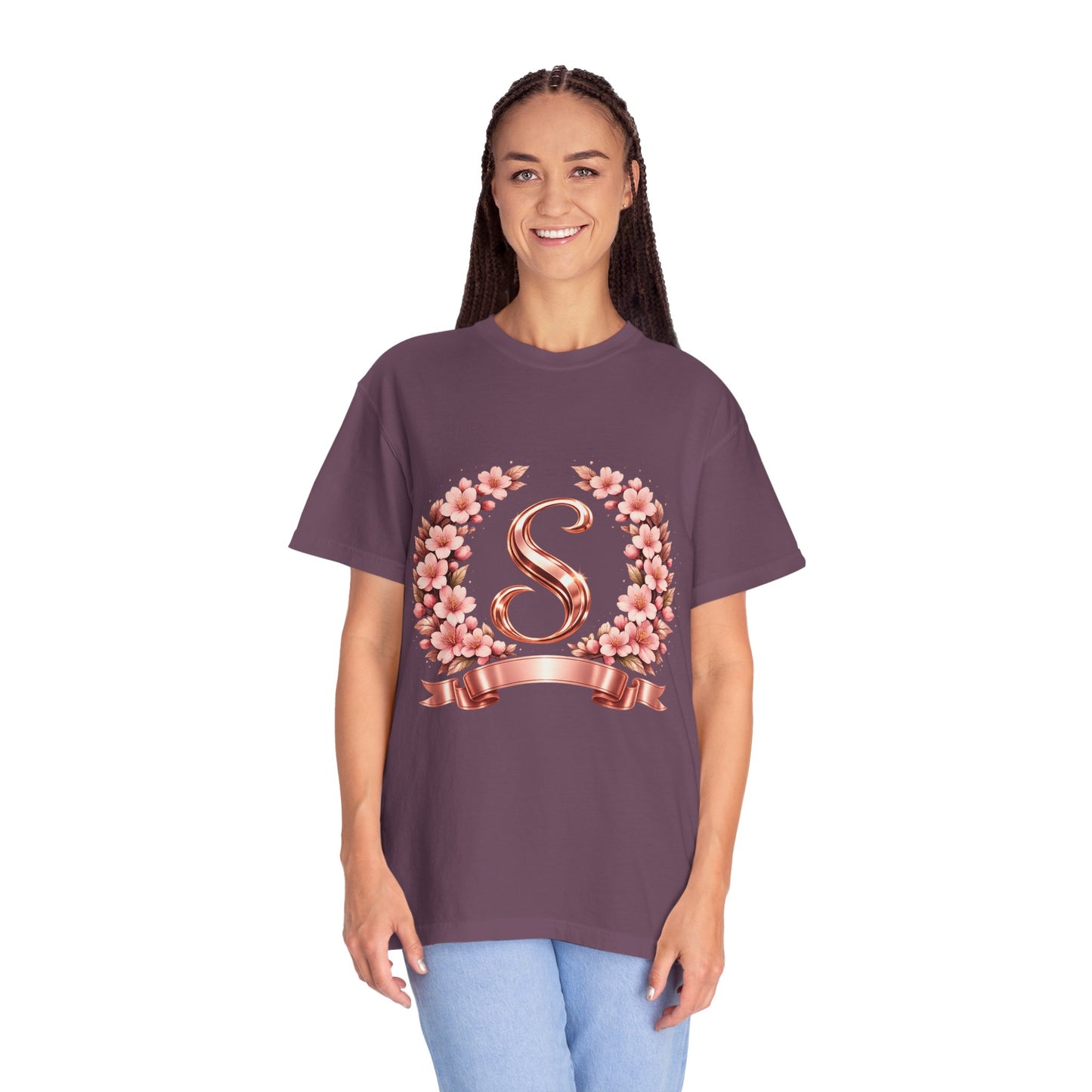 Floral Monogram 'S' T-Shirt — Rose Gold Wreath Tee