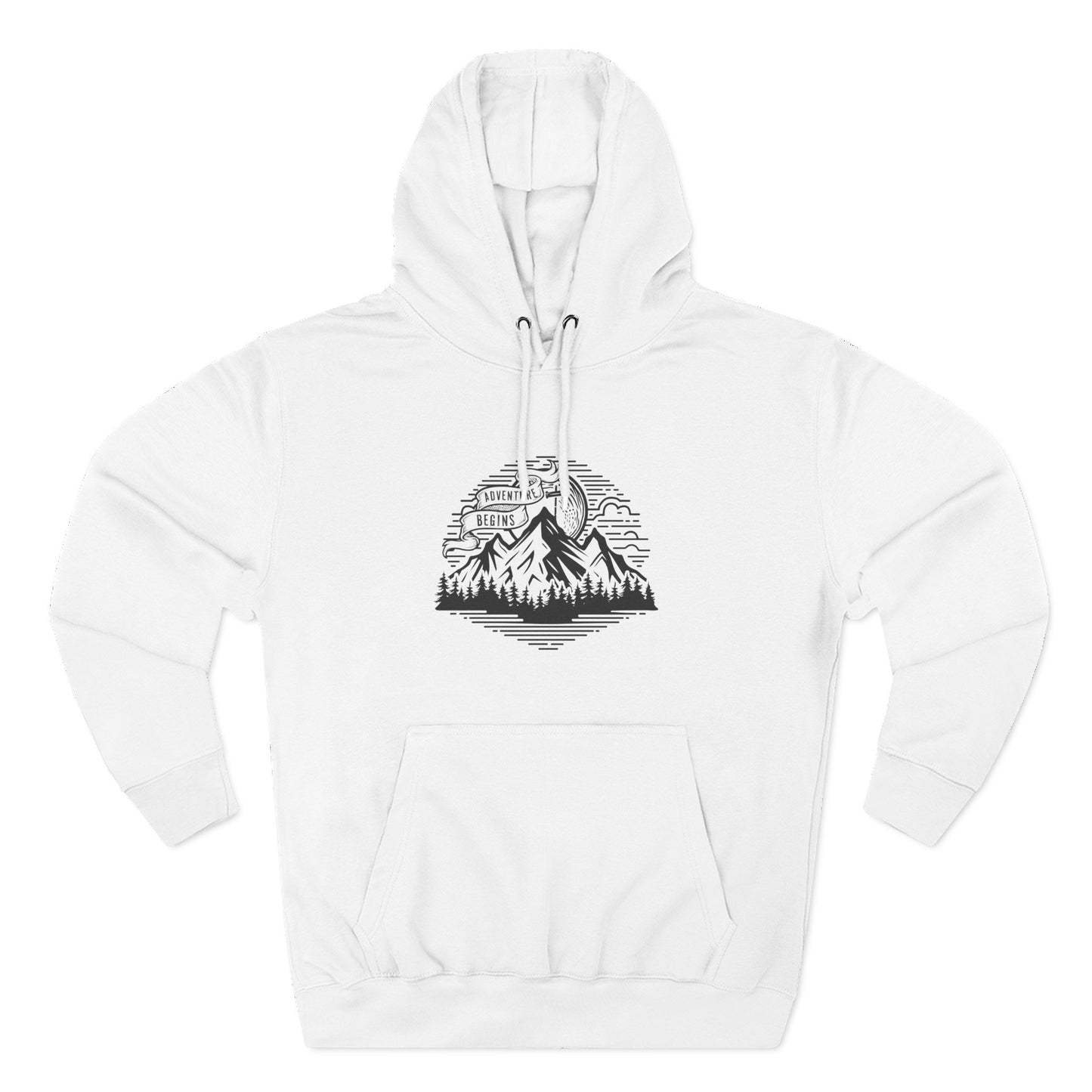 Mountain Adventure Hoodie — Vintage Line Art Peaks & Forest Pullover