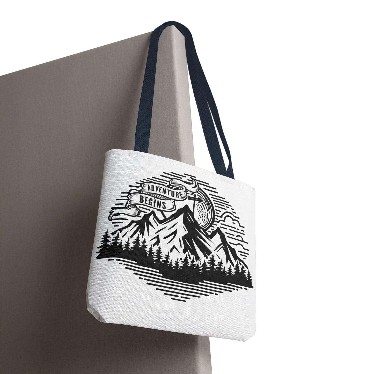 Adventure Begins mountain scene Tote Bag | nature, camping, vintage badge