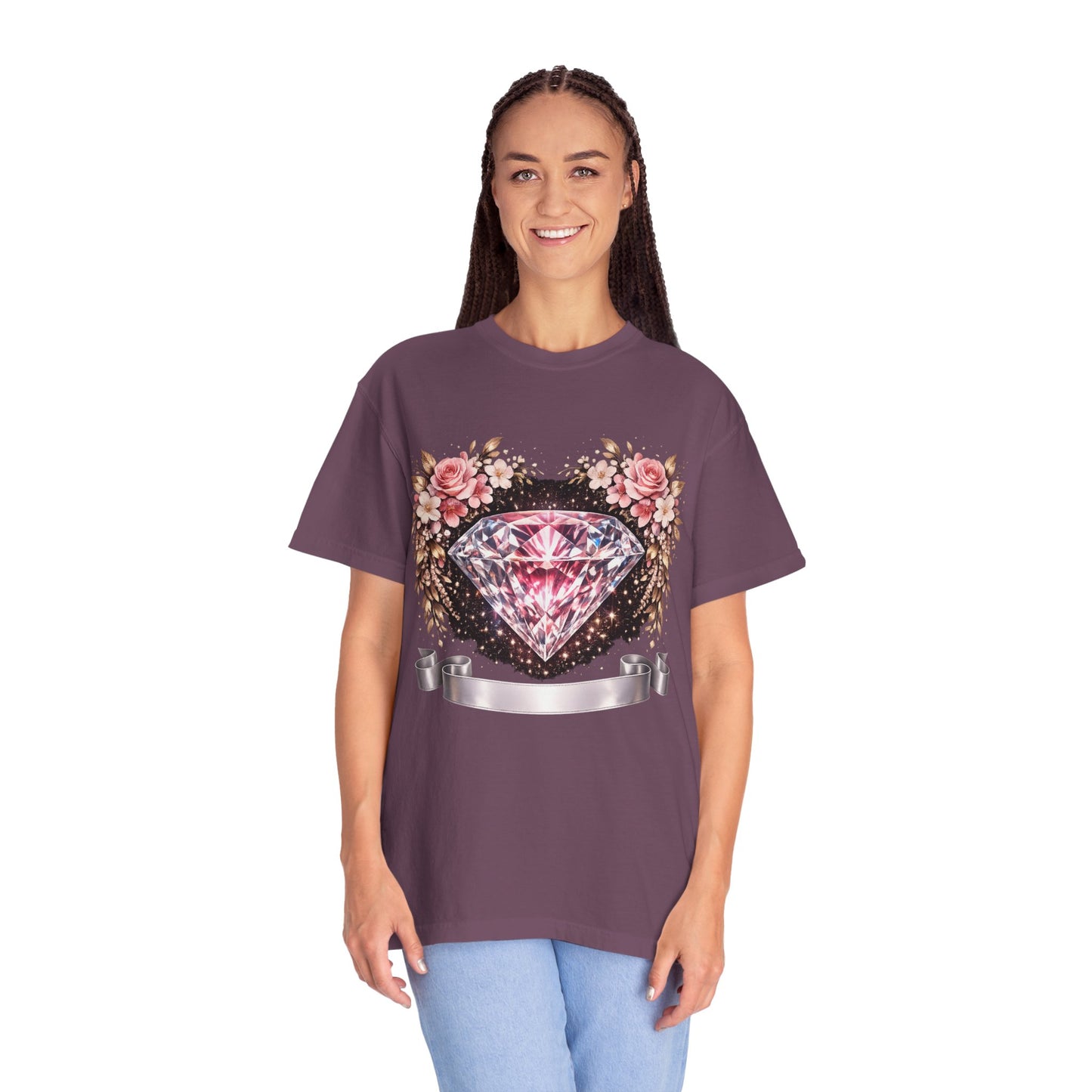 Pink Diamond Floral T-Shirt — Sparkling Gem Graphic Tee