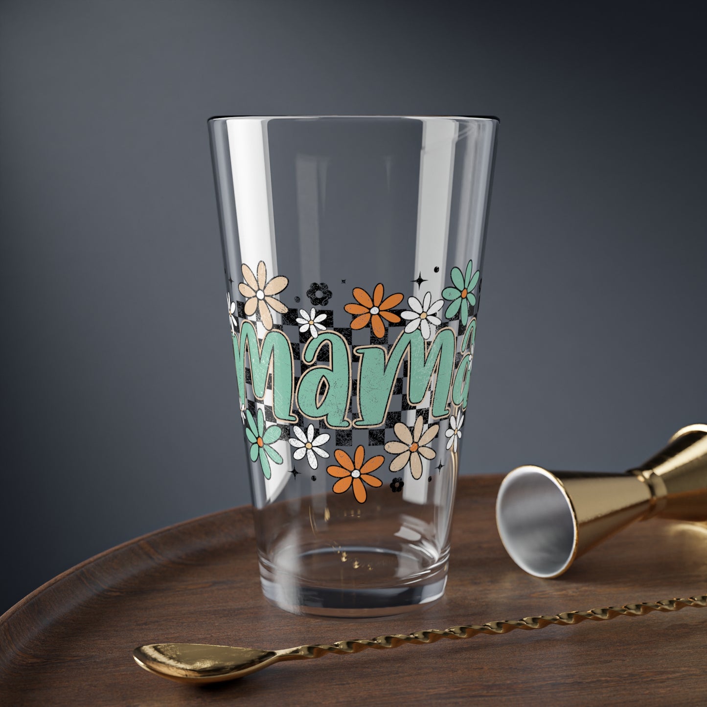 Mama Floral Script Mixing Glass | 16oz Flower Pattern Pint Glass