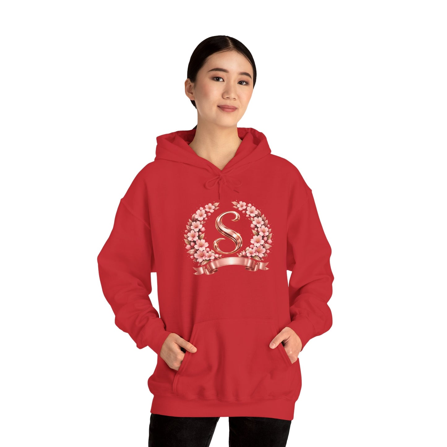 Rose Gold Initial 'S' Wreath Hoodie - Monogram Floral Sweatshirt