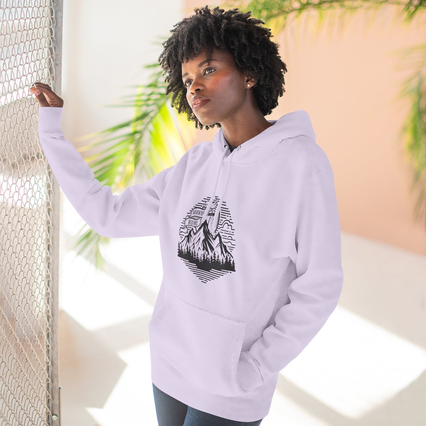 Mountain Adventure Hoodie — Vintage Line Art Peaks & Forest Pullover