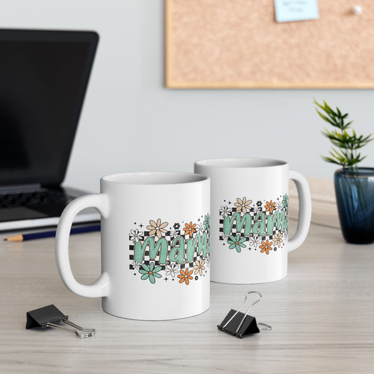 Mama floral checkerboard Mug | Mom coffee cup, teal daisy design