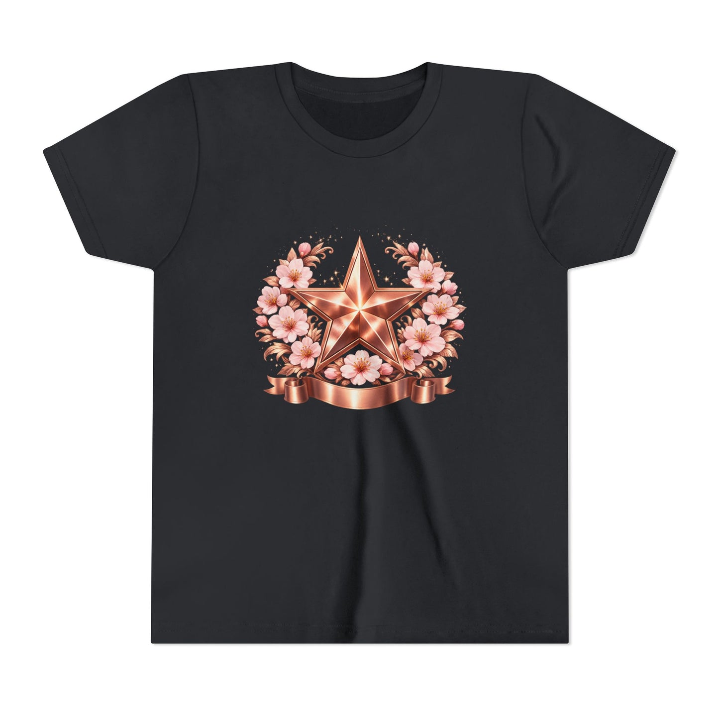 Youth Tee — Rose Gold Star with Cherry Blossom Wreath
