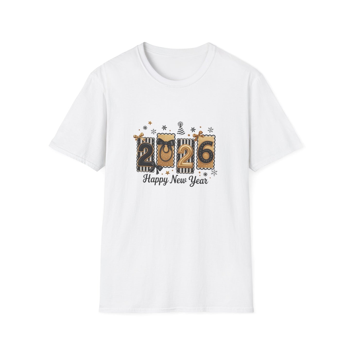 2026 Happy New Year T-Shirt — Gold Confetti Celebration Tee