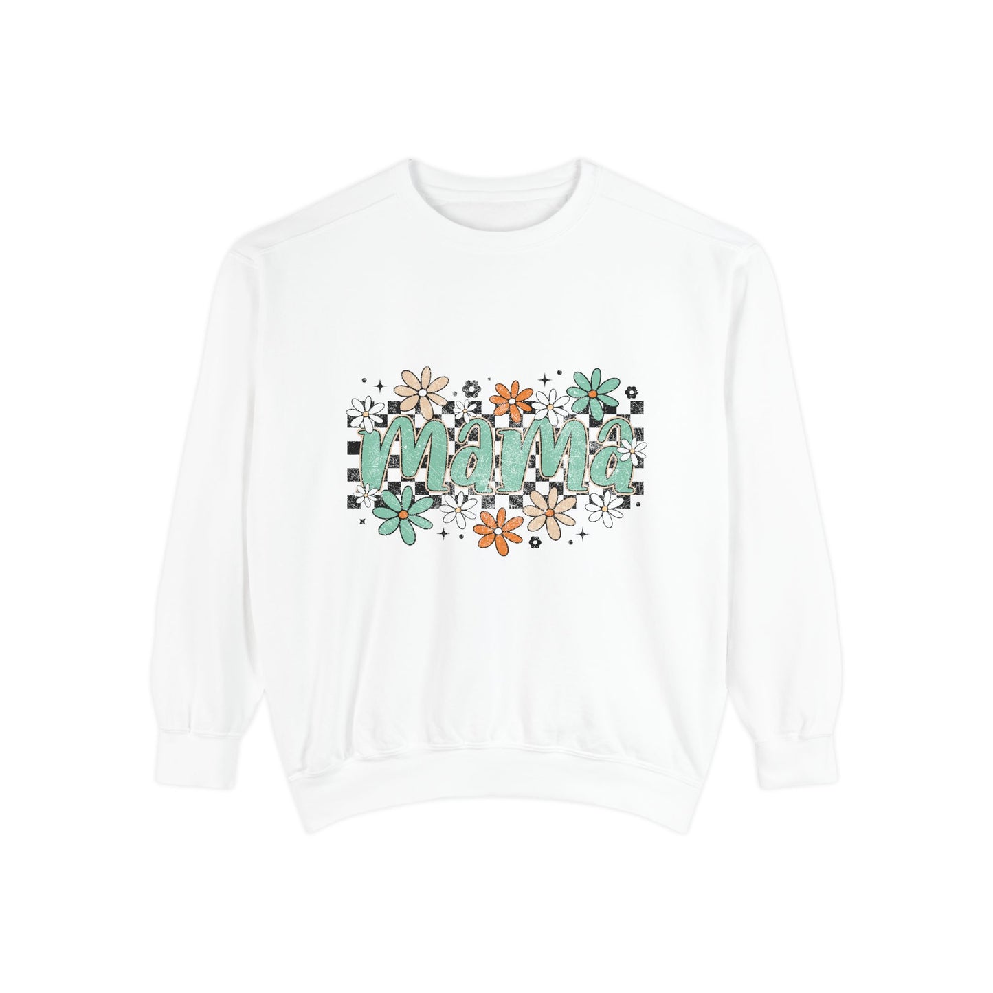 Mama Floral Script Sweatshirt | Green Orange Flowers, Striped Background