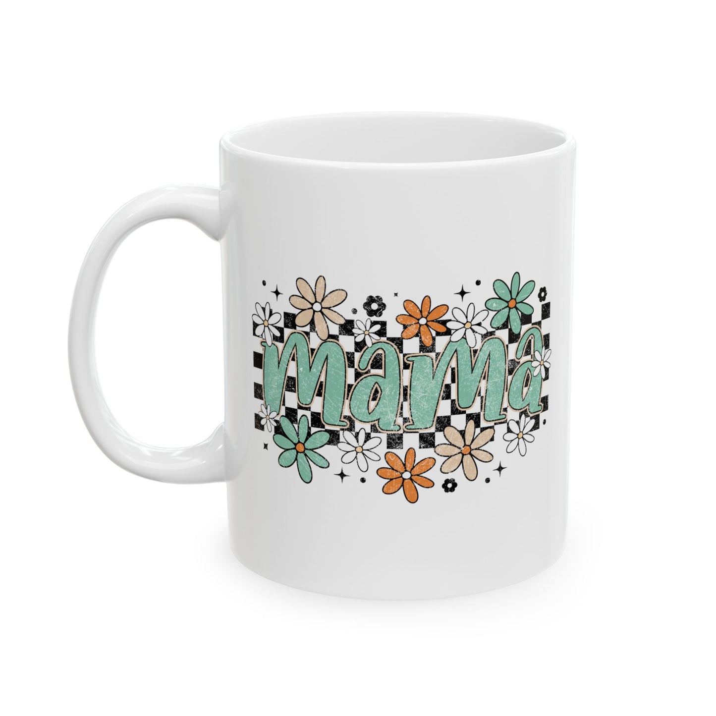 Mama floral checkerboard Mug | Mom coffee cup, teal daisy design