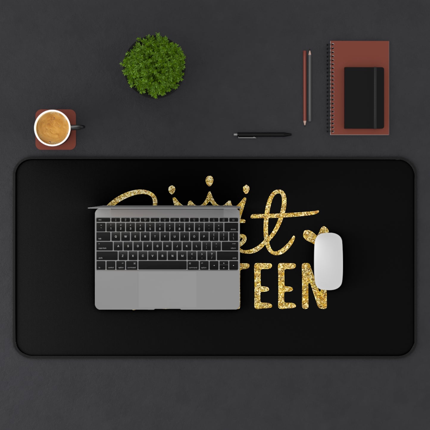 Sweet Sixteen Desk Mat | Gold Glitter Script on Black