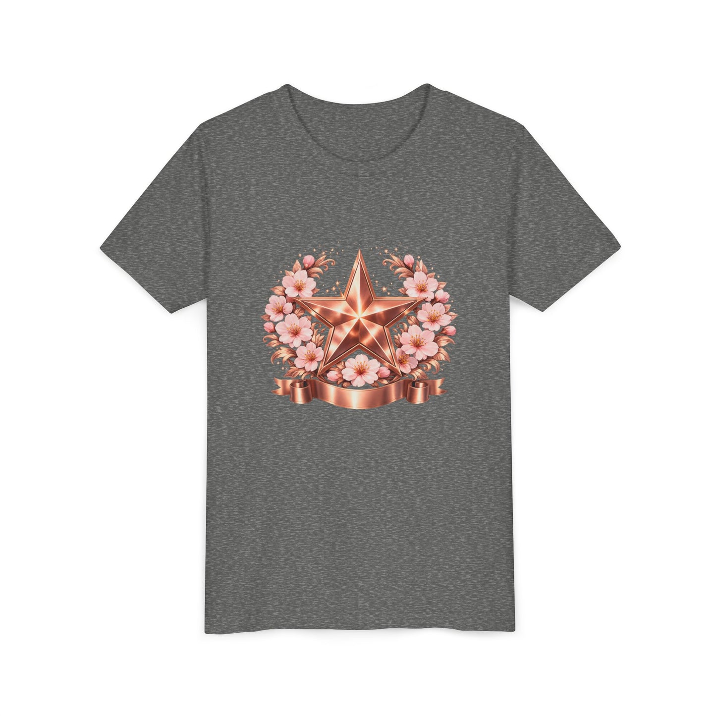 Youth Tee — Rose Gold Star with Cherry Blossom Wreath