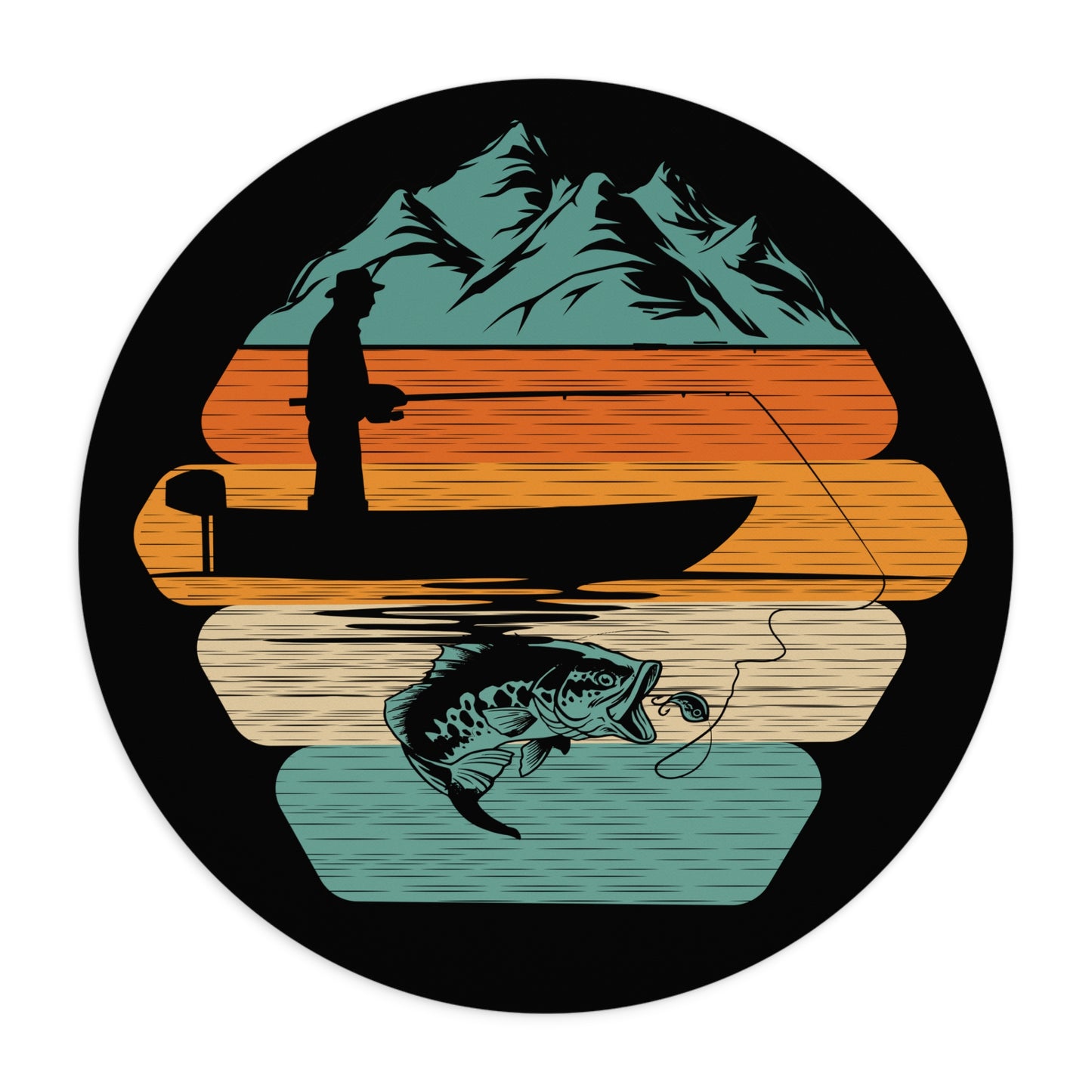 Retro Fishing Scene Mouse Pad | Bass Catch, Boat, Mountains