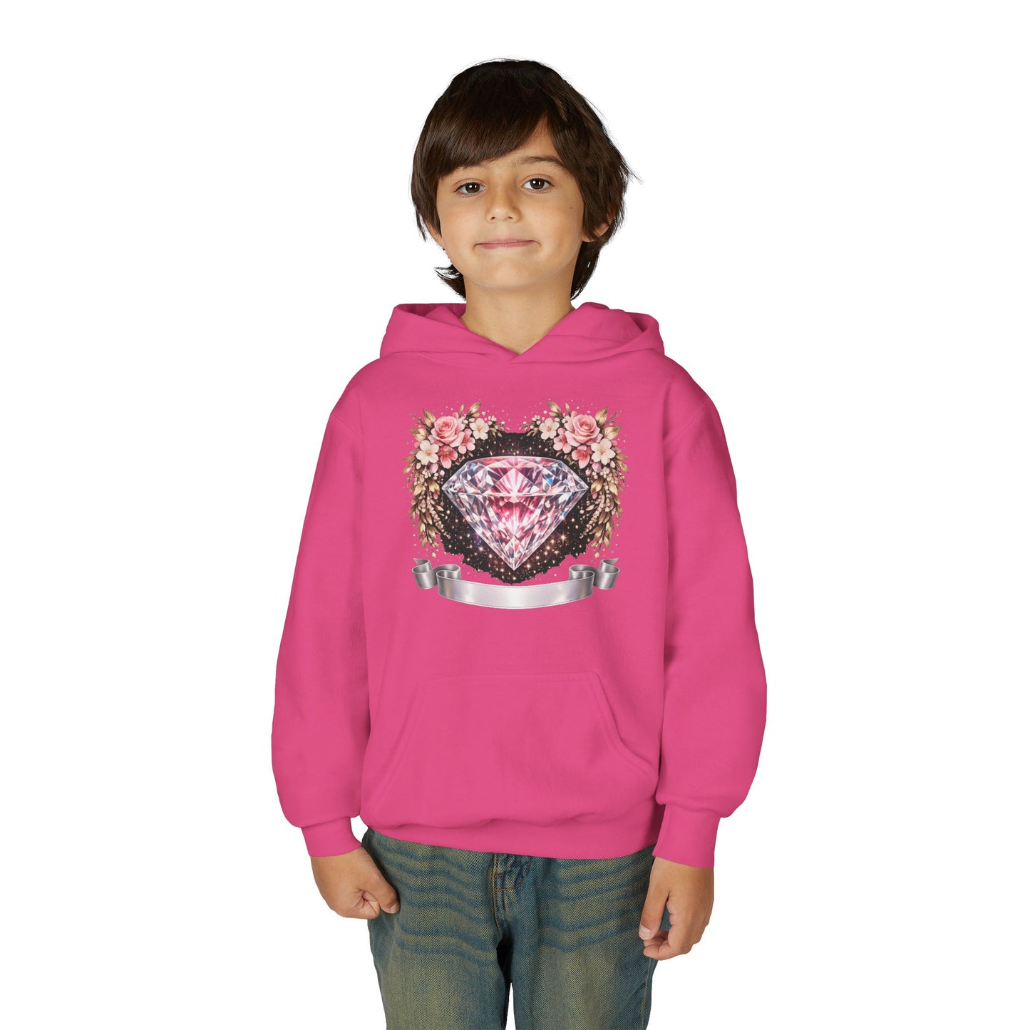 Youth Diamond Floral Hoodie — Pink Gem Crest Sweatshirt for Girls
