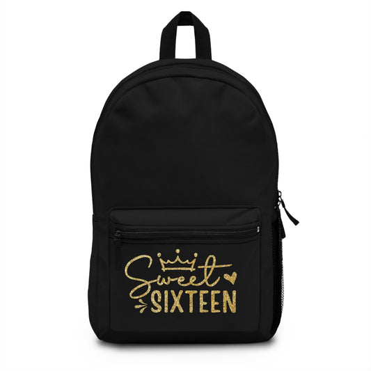 Sweet Sixteen script crown design Backpack | birthday celebration, gold glitter look