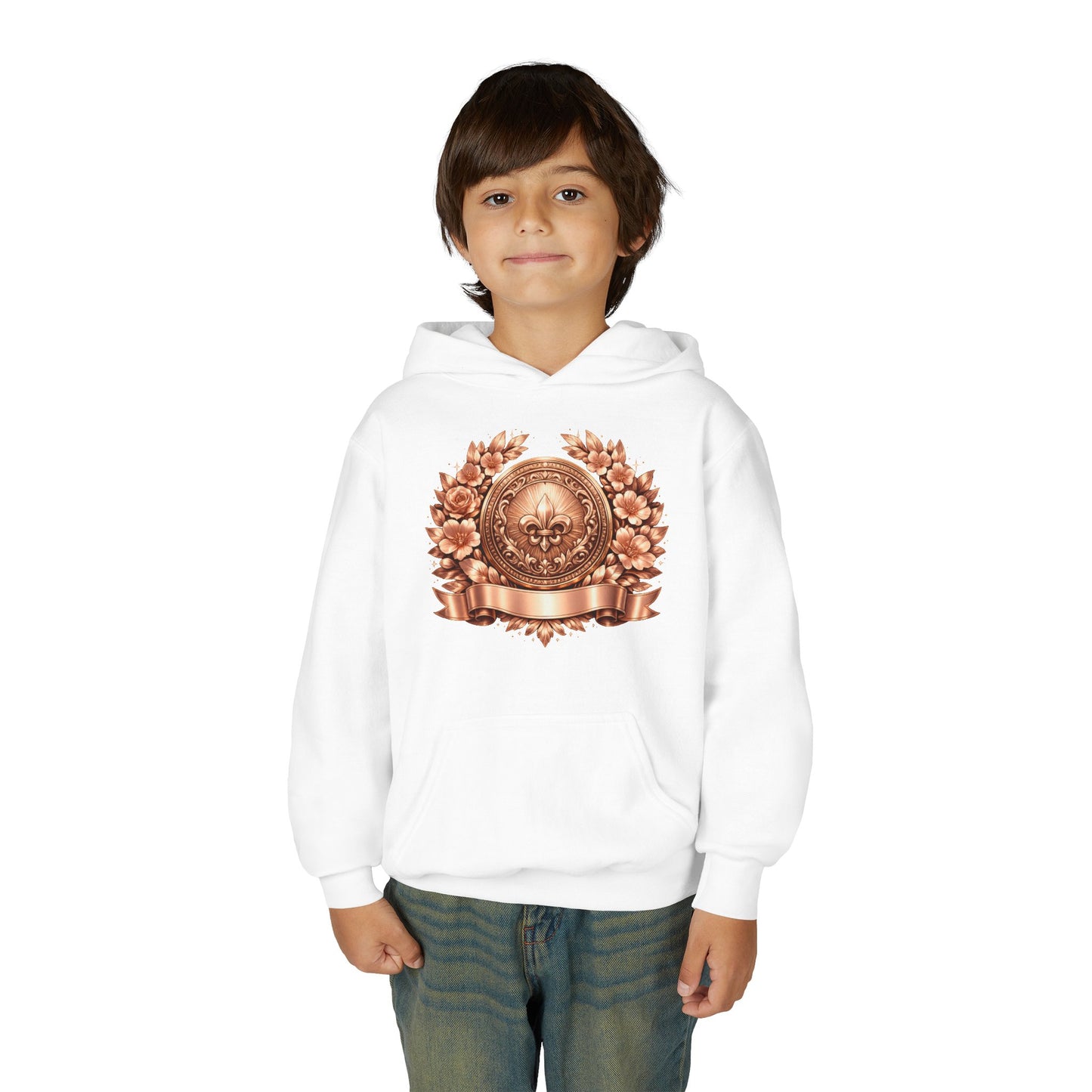 Youth Hoodie — Vintage Bronze Crest Floral Emblem