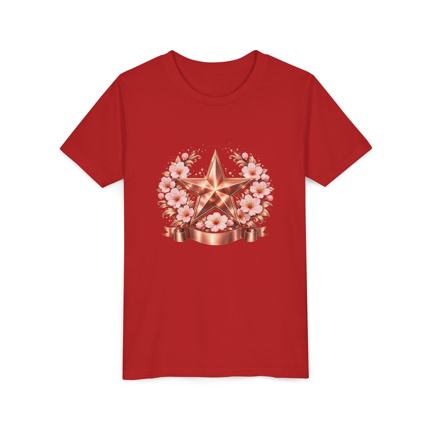 Youth Tee — Rose Gold Star with Cherry Blossom Wreath