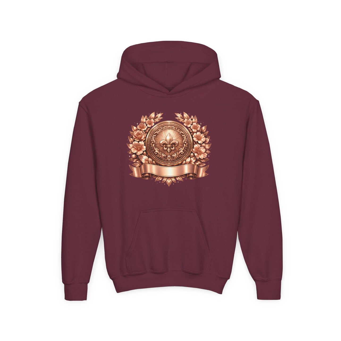 Youth Hoodie — Vintage Bronze Crest Floral Emblem