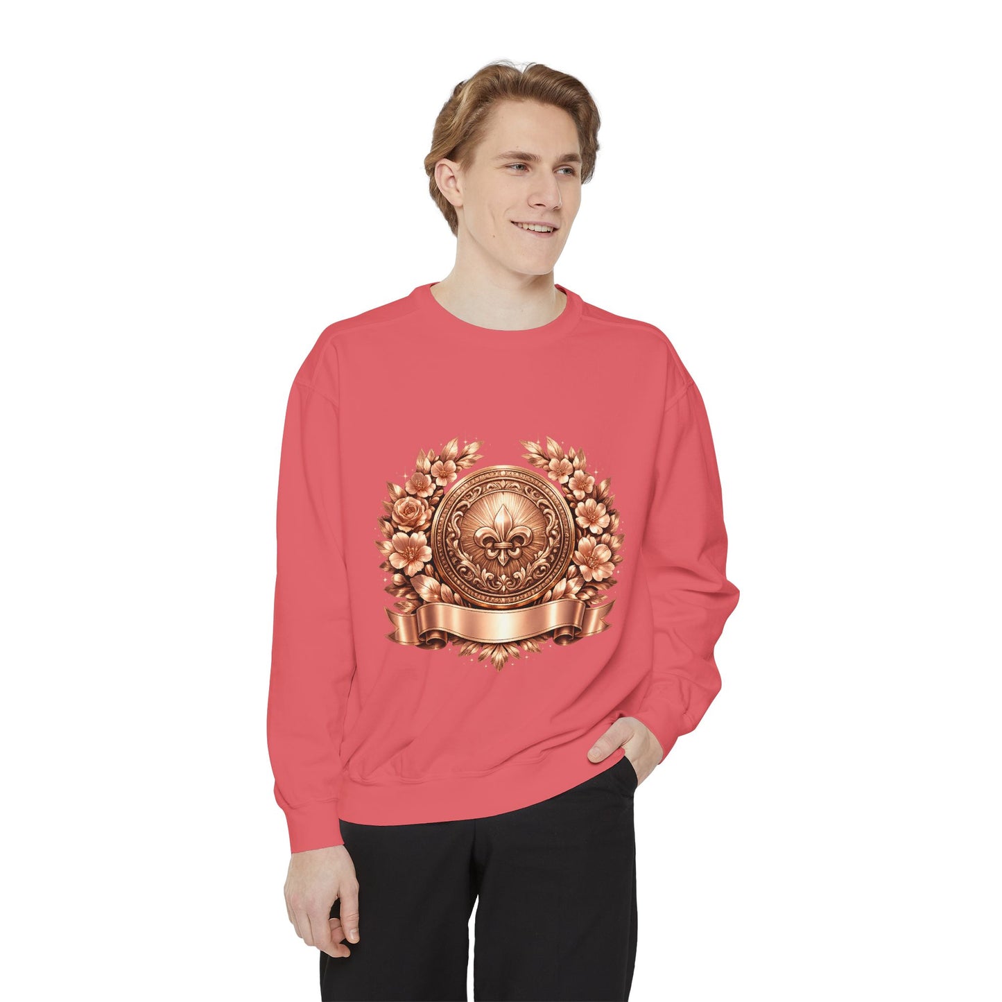 Vintage Bronze Crest Sweatshirt — Fleur-de-Lis Laurel Medallion