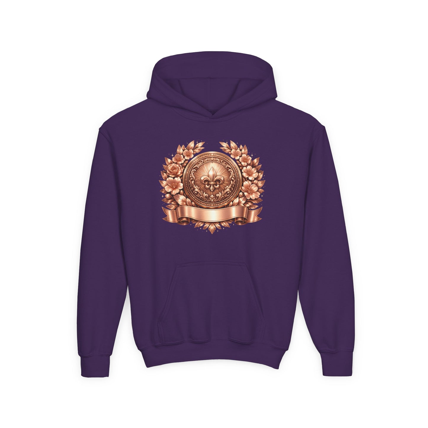 Youth Hoodie — Vintage Bronze Crest Floral Emblem