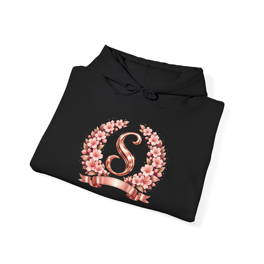 Rose Gold Initial 'S' Wreath Hoodie - Monogram Floral Sweatshirt