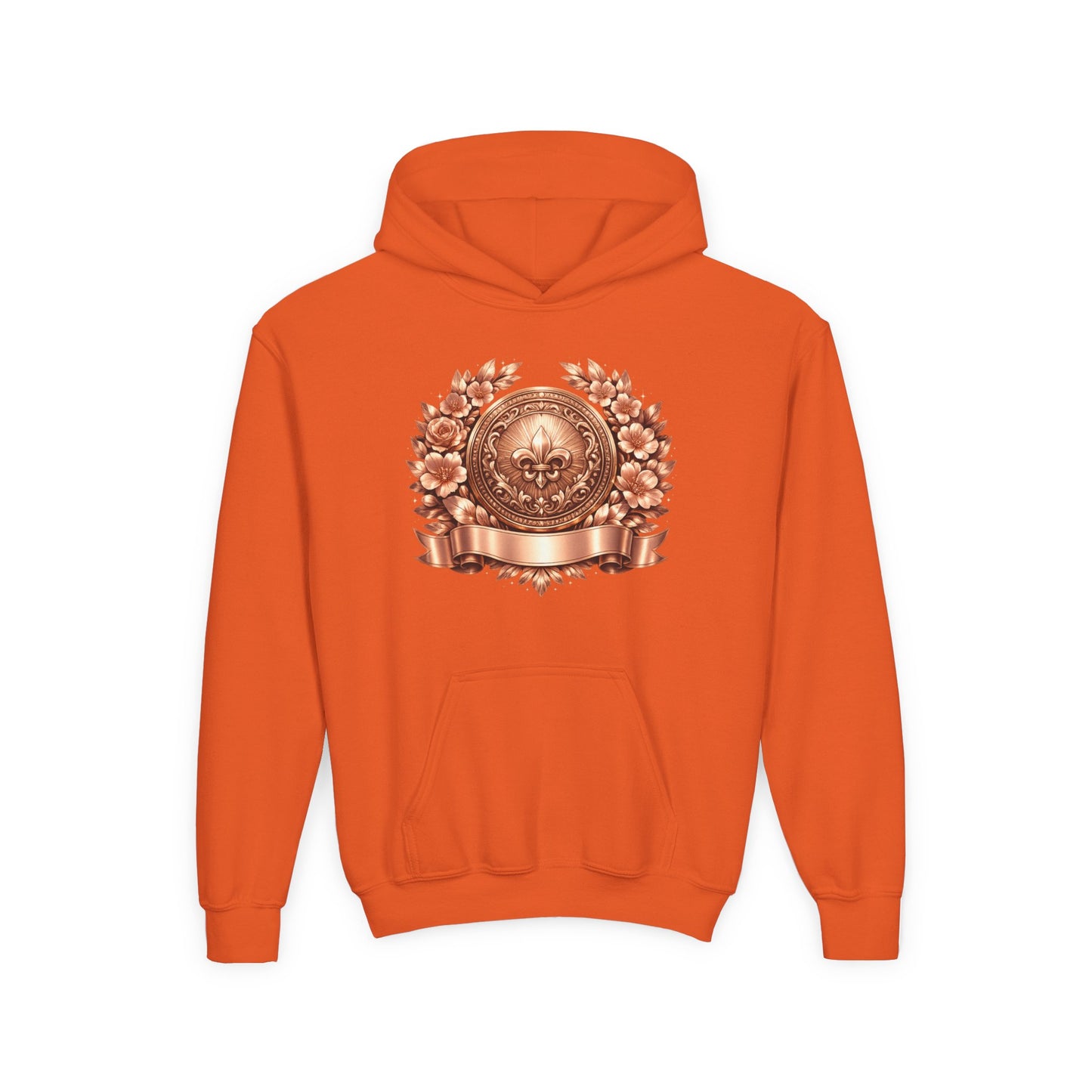Youth Hoodie — Vintage Bronze Crest Floral Emblem