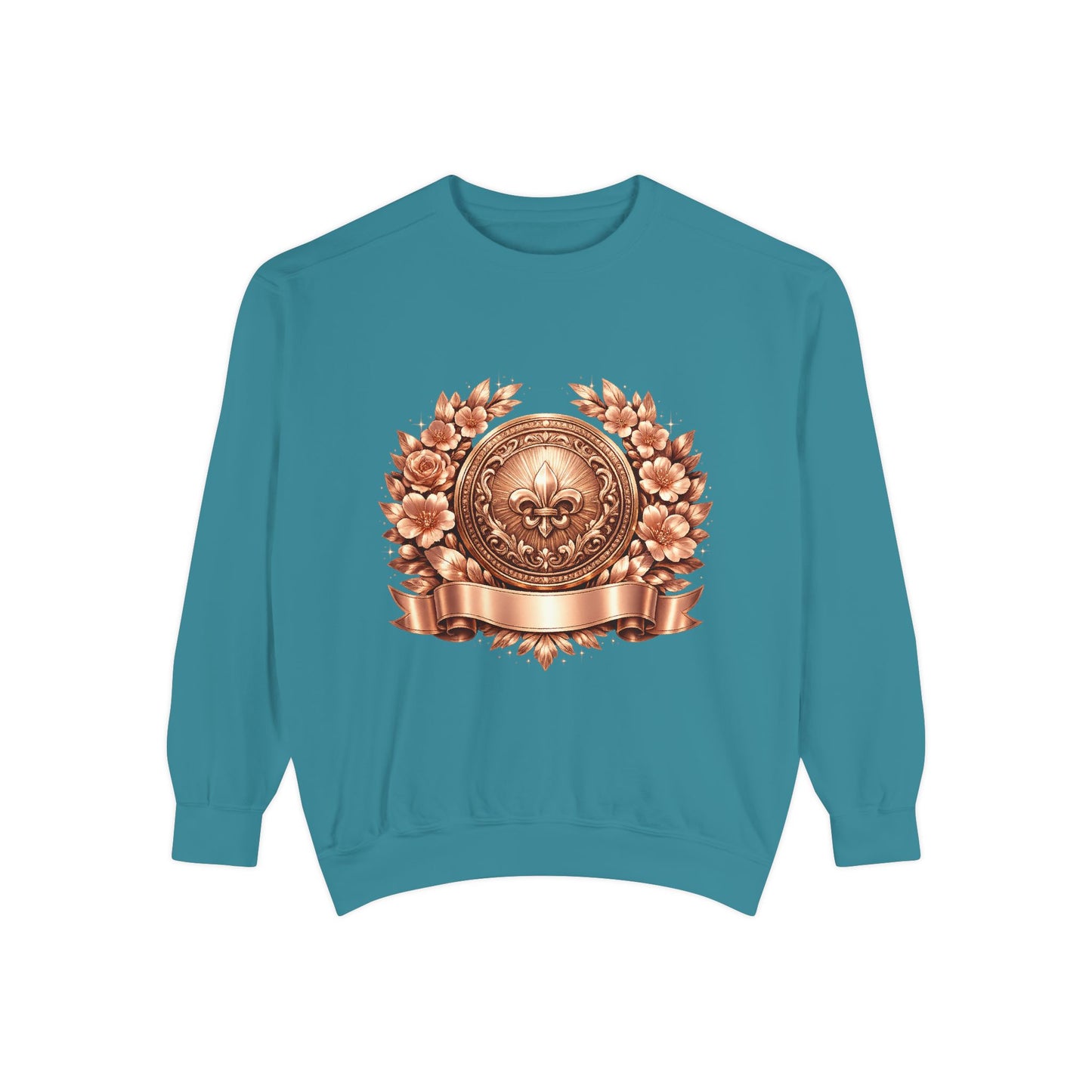 Vintage Bronze Crest Sweatshirt — Fleur-de-Lis Laurel Medallion