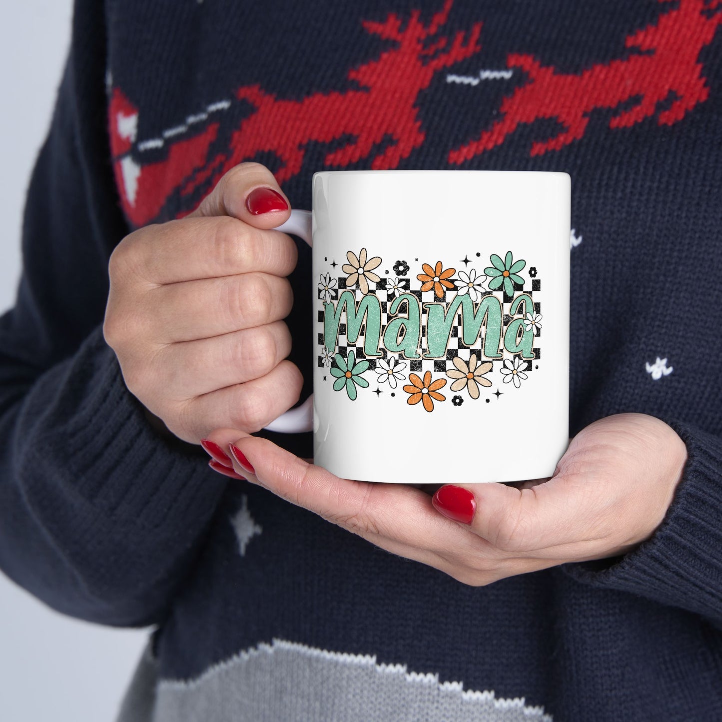 Mama floral checkerboard Mug | Mom coffee cup, teal daisy design