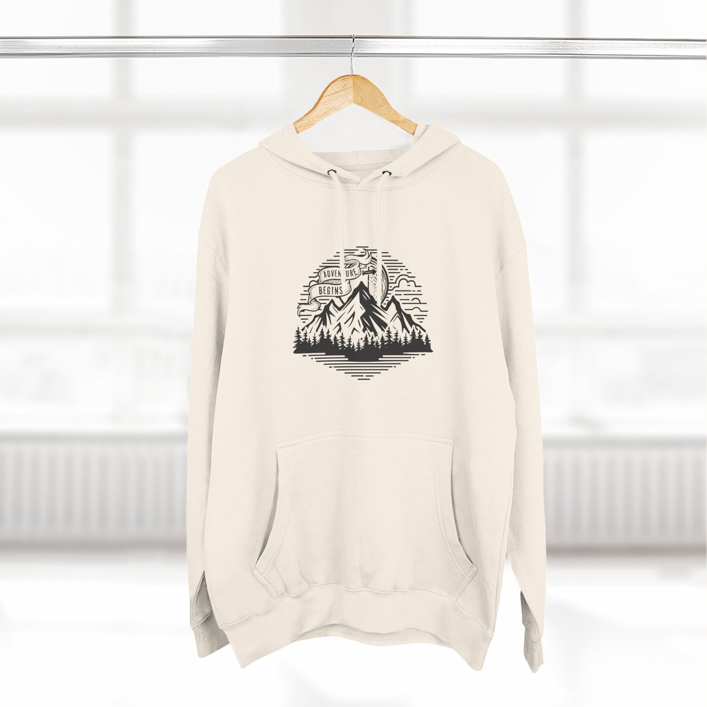 Mountain Adventure Hoodie — Vintage Line Art Peaks & Forest Pullover