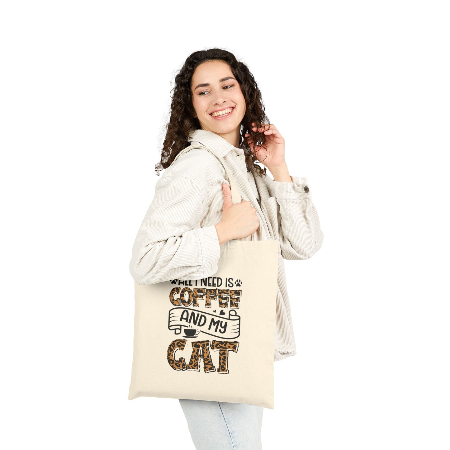 All I Need Is Coffee and My Cat Tote Bag | Leopard Print Cat Quote