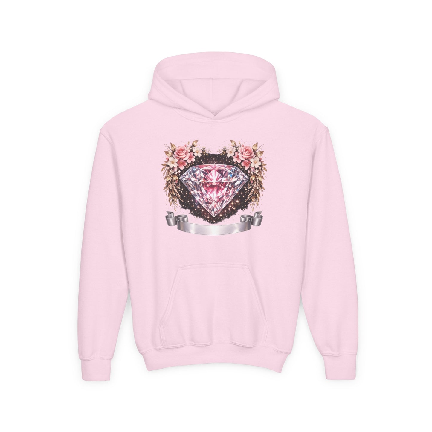 Youth Diamond Floral Hoodie — Pink Gem Crest Sweatshirt for Girls