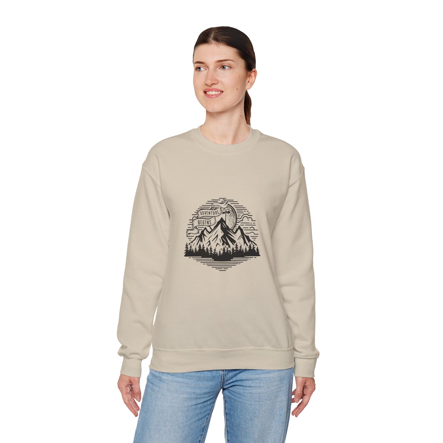 Mountain Landscape Illustration Sweatshirt | Scenic Peaks, Pine Forest, Outdoor Adventure