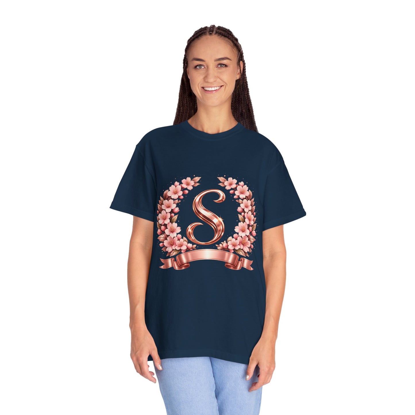 Floral Monogram 'S' T-Shirt — Rose Gold Wreath Tee