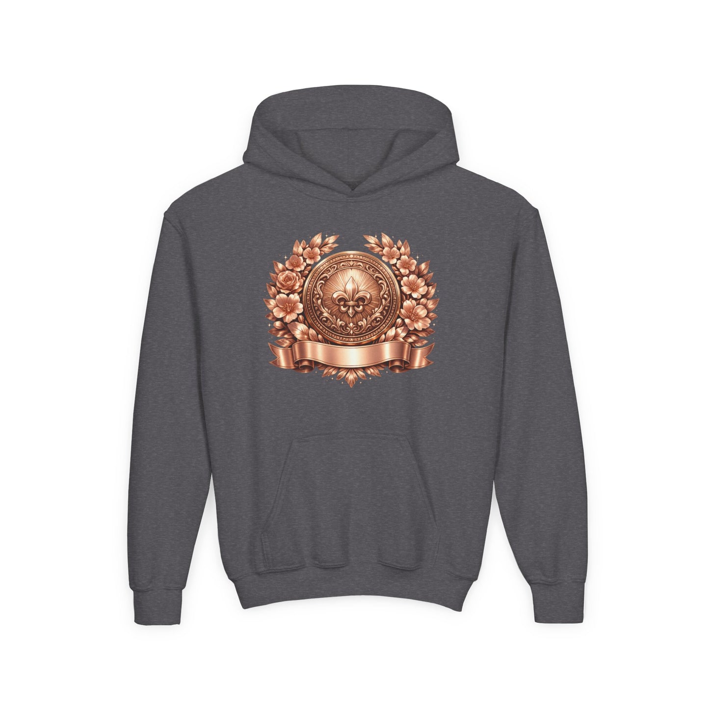 Youth Hoodie — Vintage Bronze Crest Floral Emblem