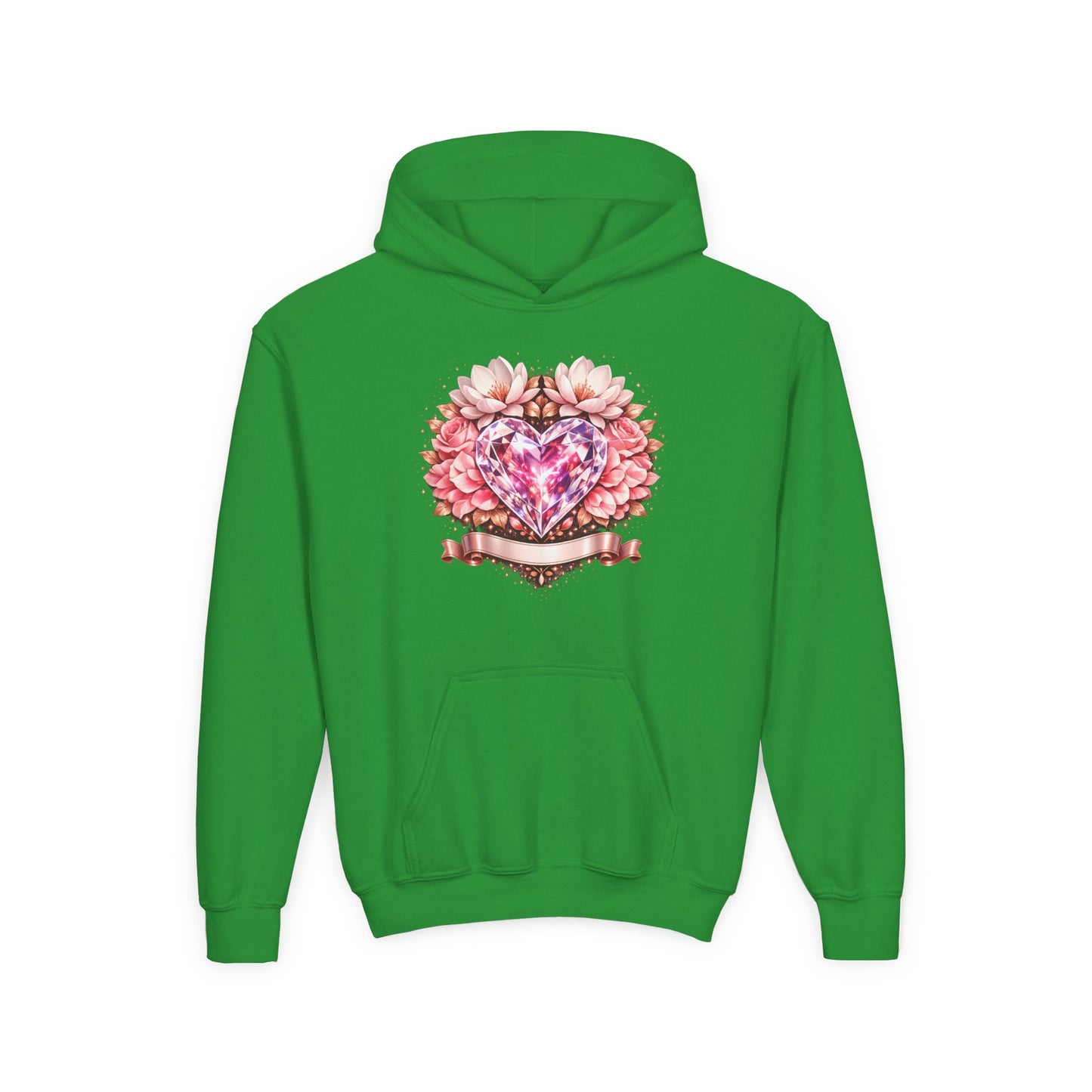 Youth Heart Gem Hoodie — Pink Floral Heart Graphic Sweatshirt