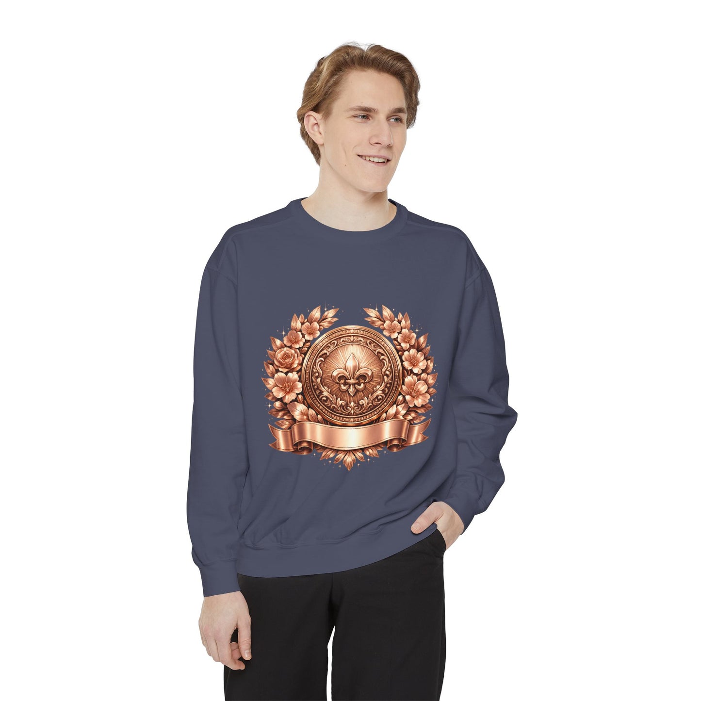 Vintage Bronze Crest Sweatshirt — Fleur-de-Lis Laurel Medallion