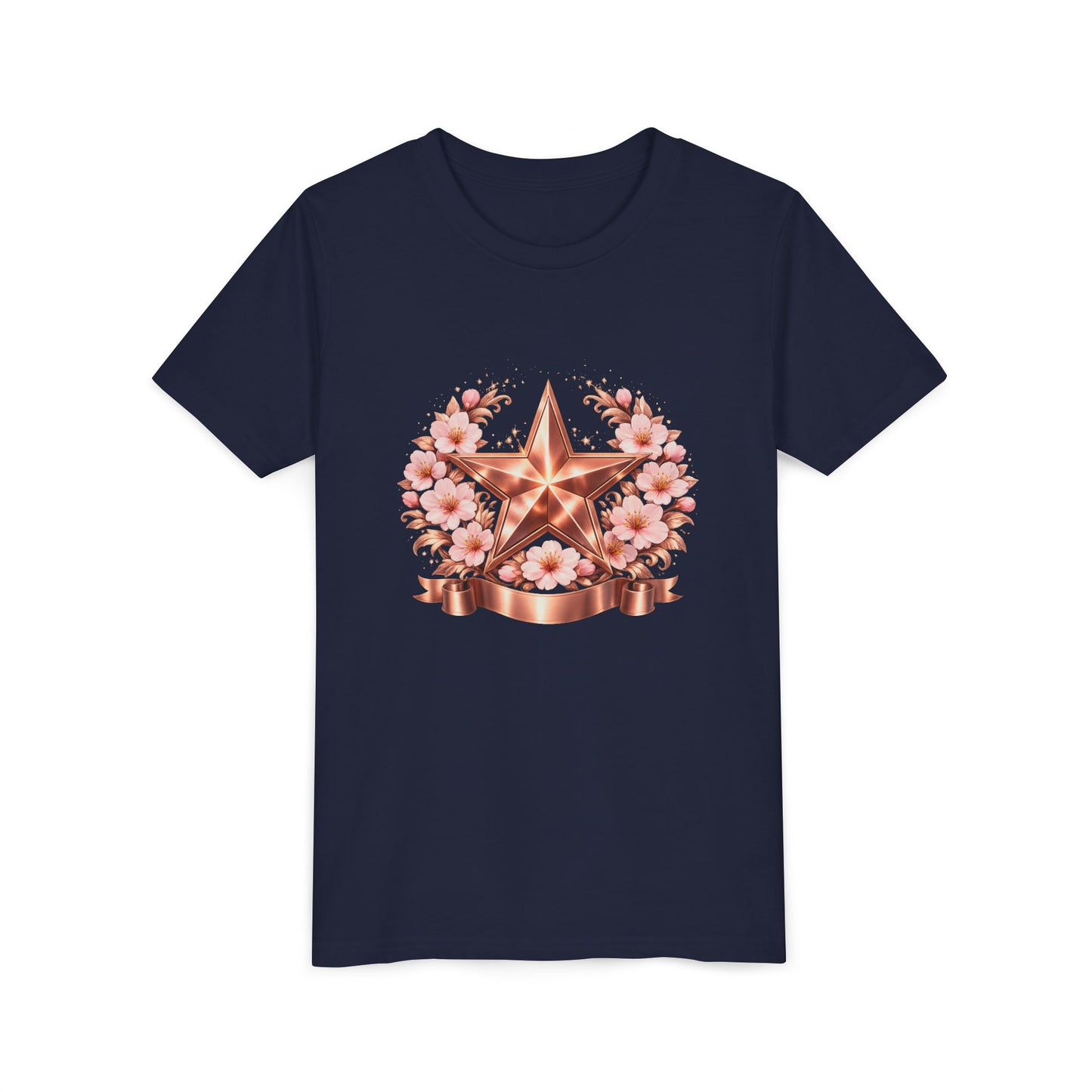 Youth Tee — Rose Gold Star with Cherry Blossom Wreath