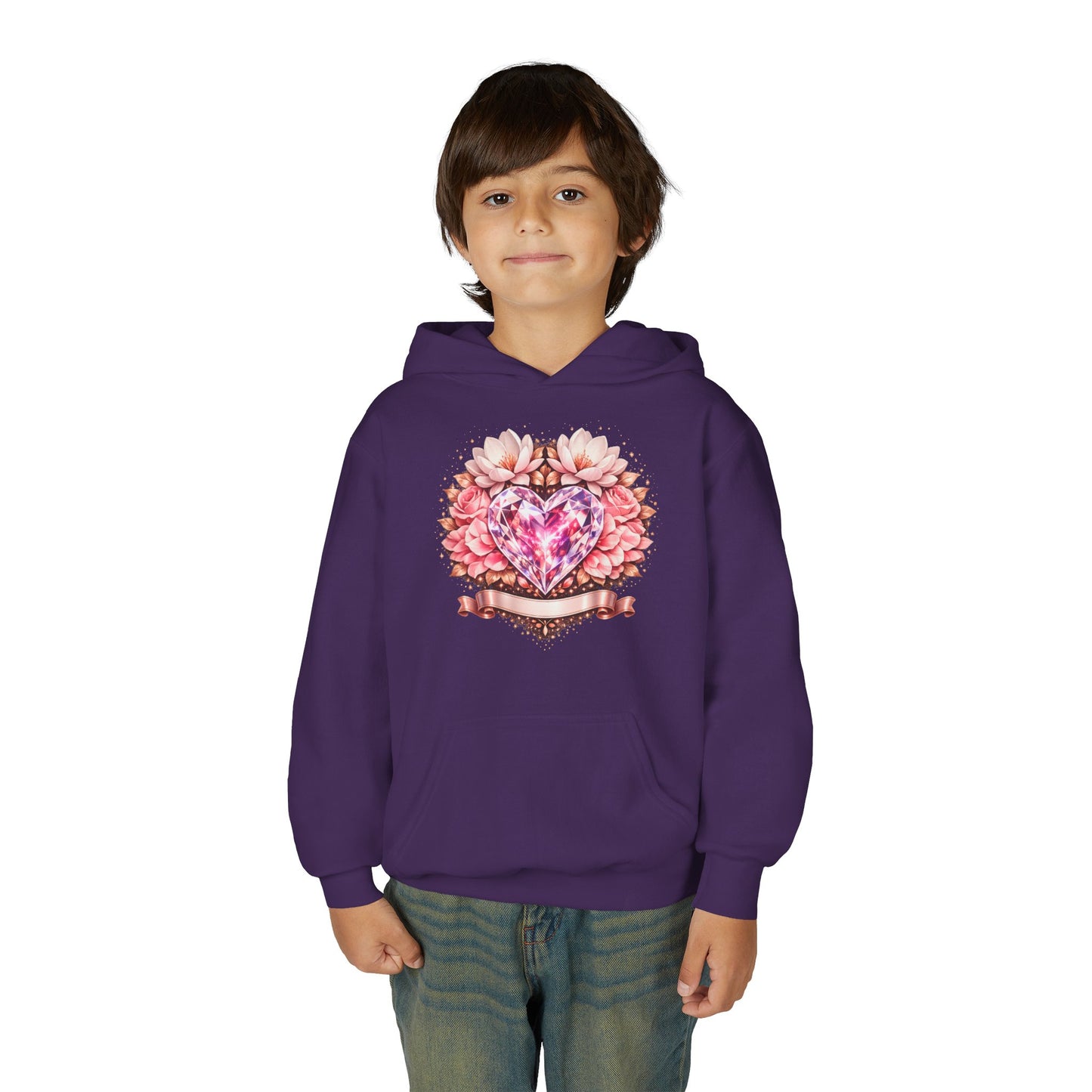 Youth Heart Gem Hoodie — Pink Floral Heart Graphic Sweatshirt