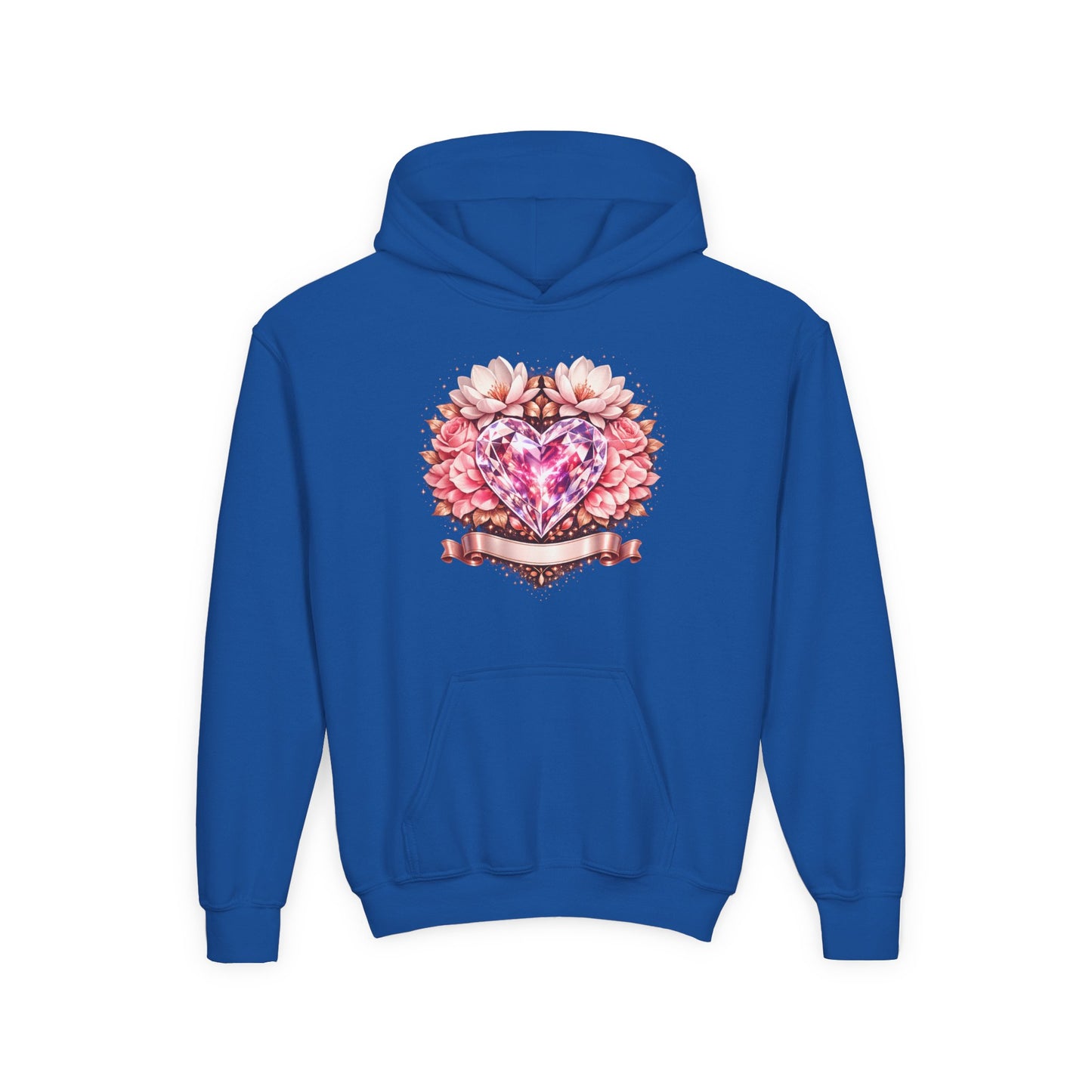 Youth Heart Gem Hoodie — Pink Floral Heart Graphic Sweatshirt