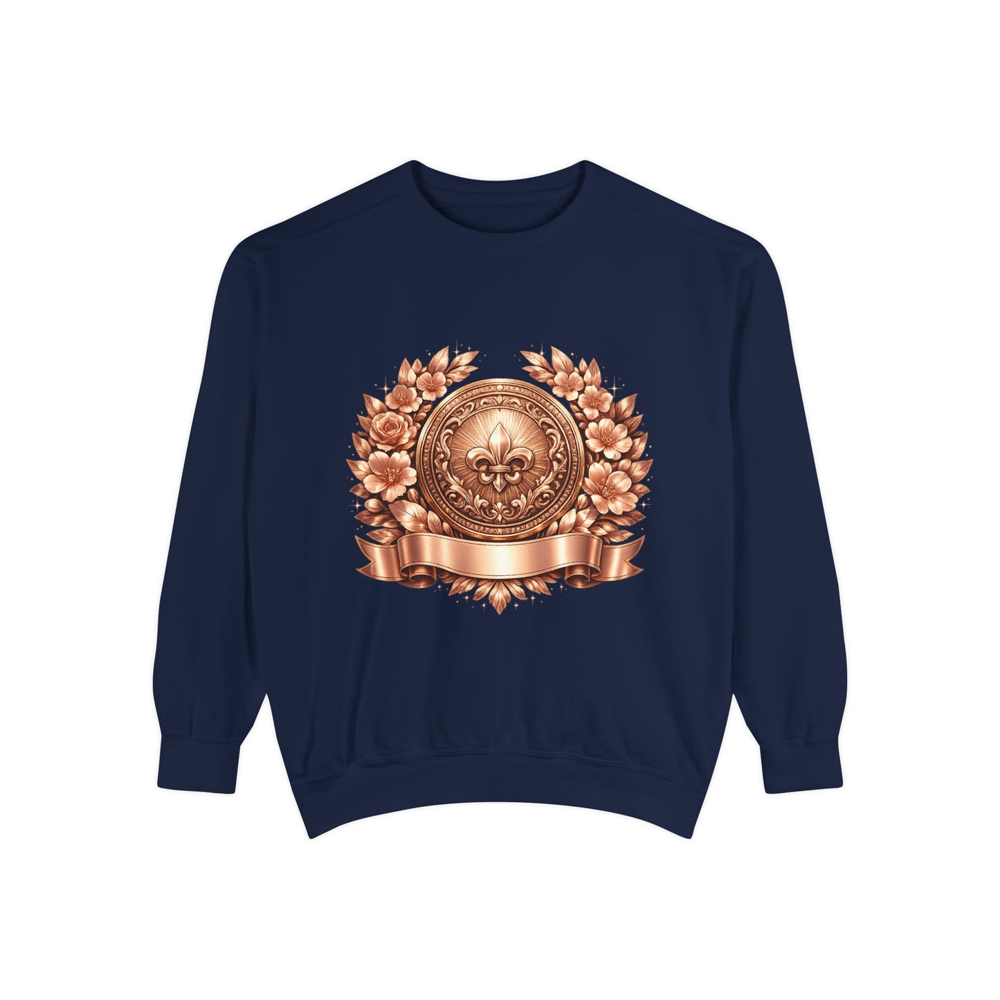 Vintage Bronze Crest Sweatshirt — Fleur-de-Lis Laurel Medallion