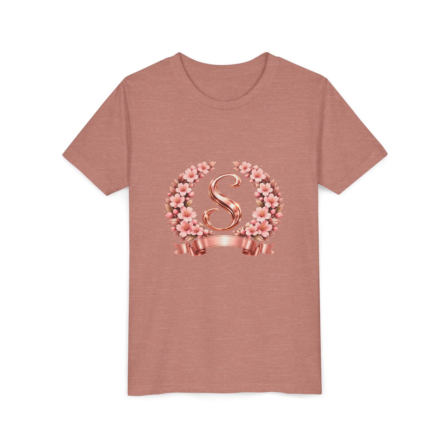 Youth Tee — Rose Gold Floral Monogram 'S' Shirt