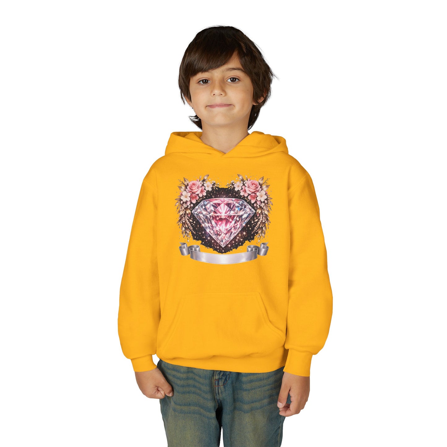Youth Diamond Floral Hoodie — Pink Gem Crest Sweatshirt for Girls
