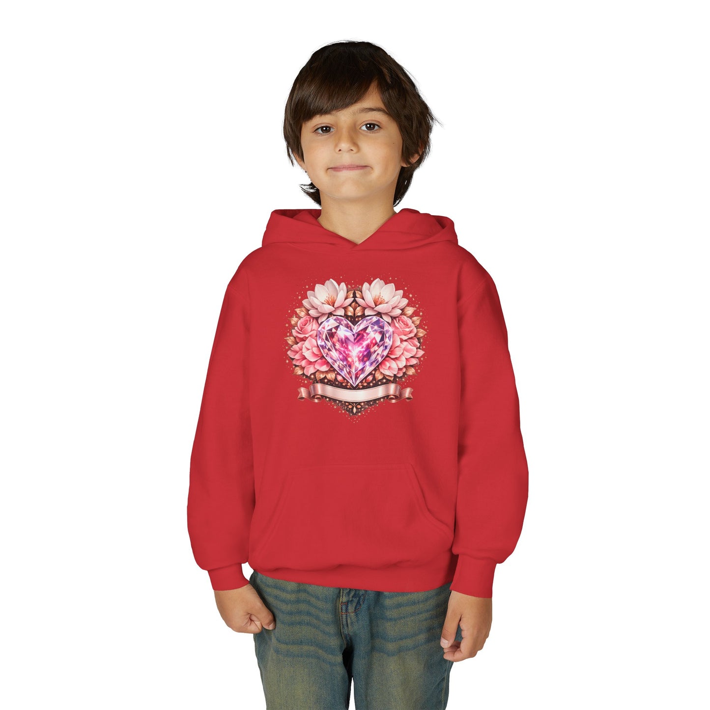 Youth Heart Gem Hoodie — Pink Floral Heart Graphic Sweatshirt