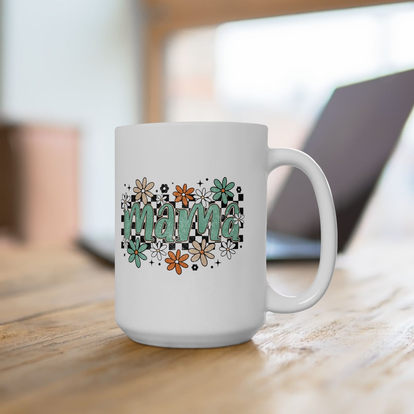 Mama floral checkerboard Mug | Mom coffee cup, teal daisy design