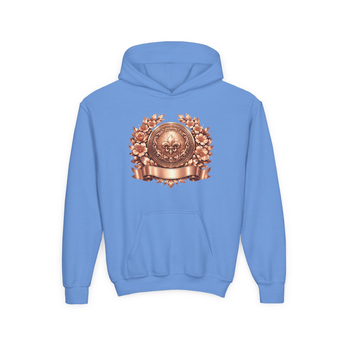 Youth Hoodie — Vintage Bronze Crest Floral Emblem