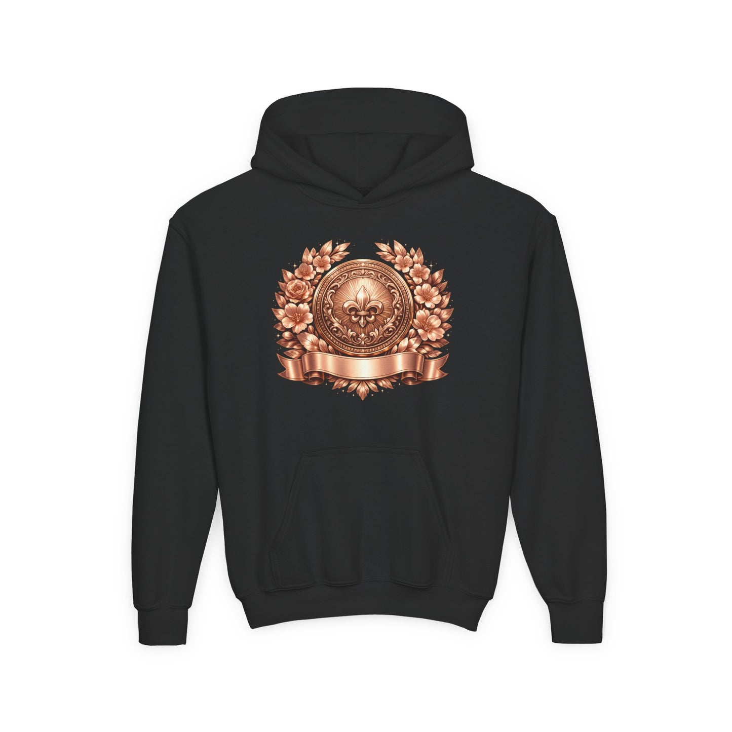 Youth Hoodie — Vintage Bronze Crest Floral Emblem