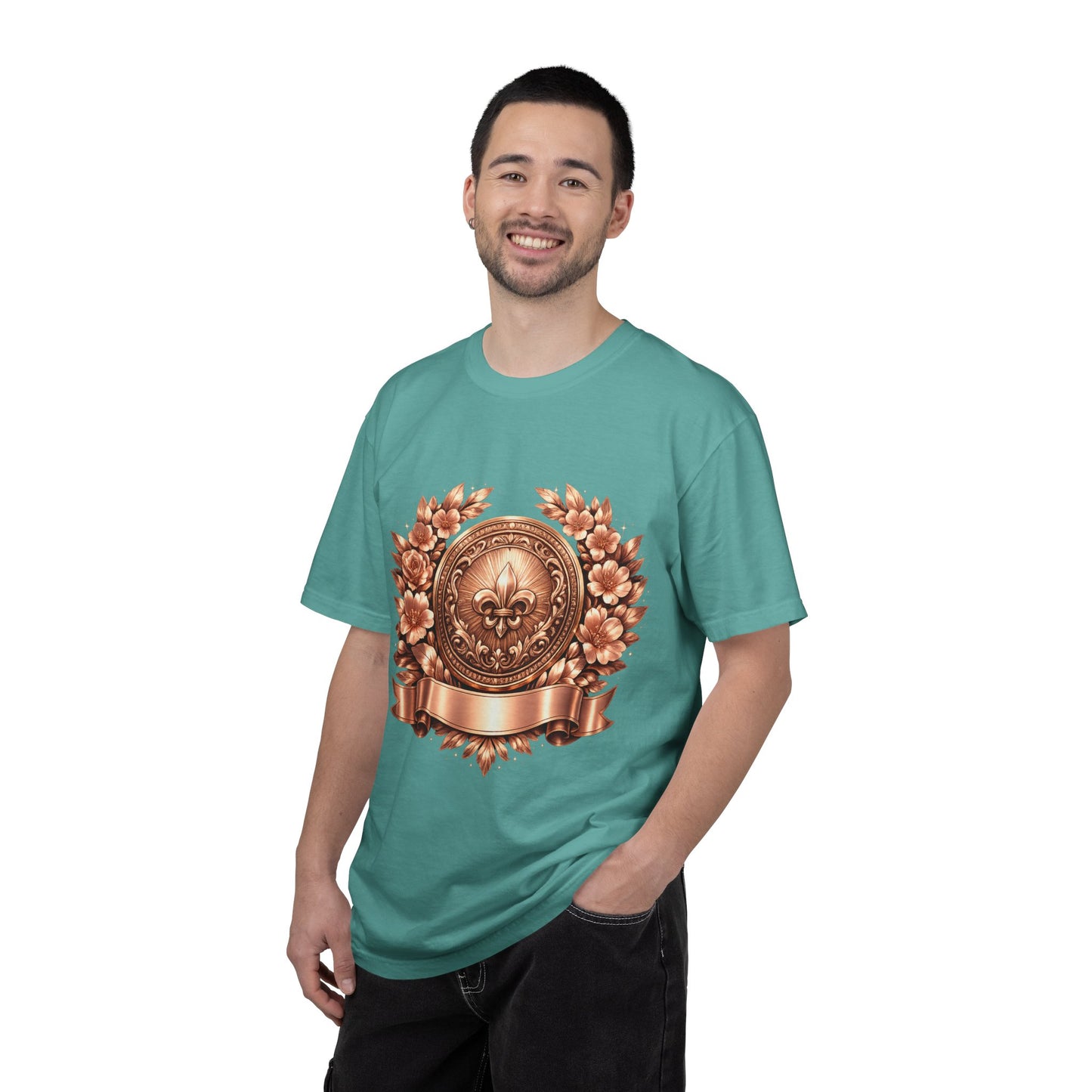 Vintage Fleur-de-Lis Crest T-Shirt — Bronze Laurel Emblem Tee